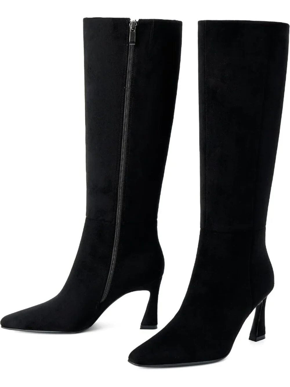 Women's Black Faux Suede Square Toe Side Zipper Fashion Heeled Tall Boots